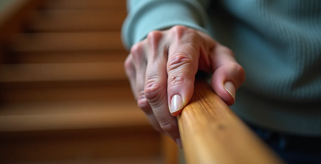 Détail macro d'une main ridée sur une rampe d'escalier adaptée, symbolisant le maintien de l'autonomie