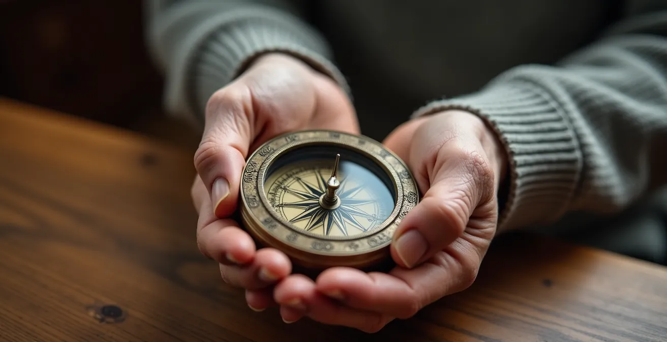 Mains d'une personne âgée tenant délicatement une boussole métaphorique pour orienter ses choix de vie
