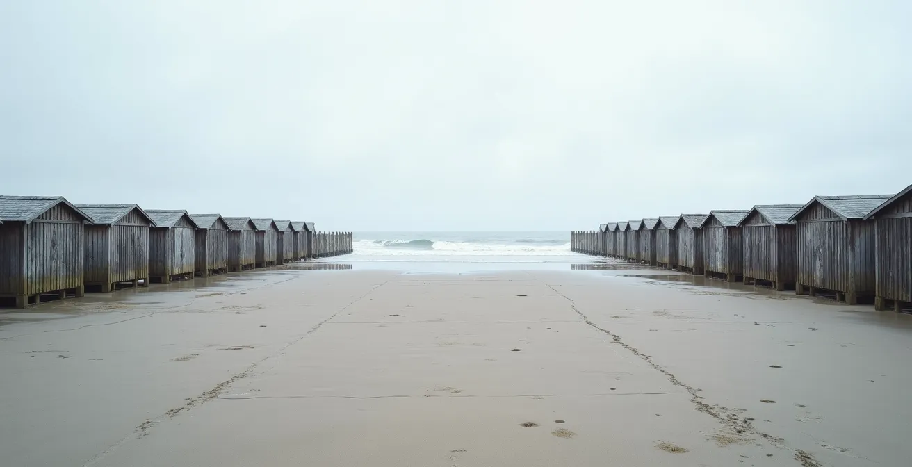 Plage déserte en hiver avec cabines fermées et ciel gris, évoquant la solitude hivernale