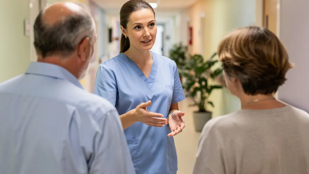 Infirmière expliquant les critères d'admission EHPAD à une famille dans un couloir d'établissement