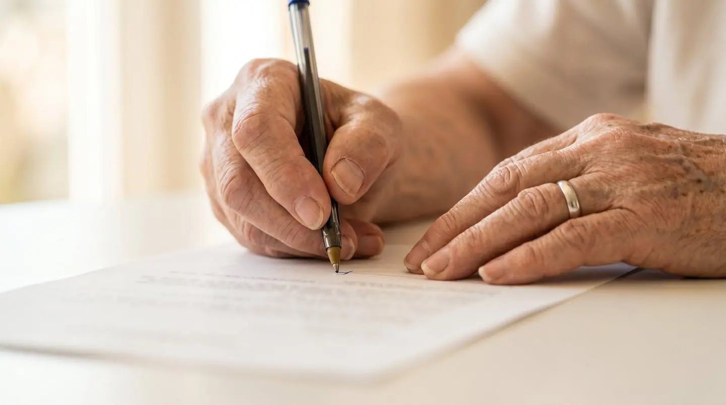 Gros plan sur des mains âgées tenant un stylo au-dessus d'un document administratif complètement flouté sur une table claire