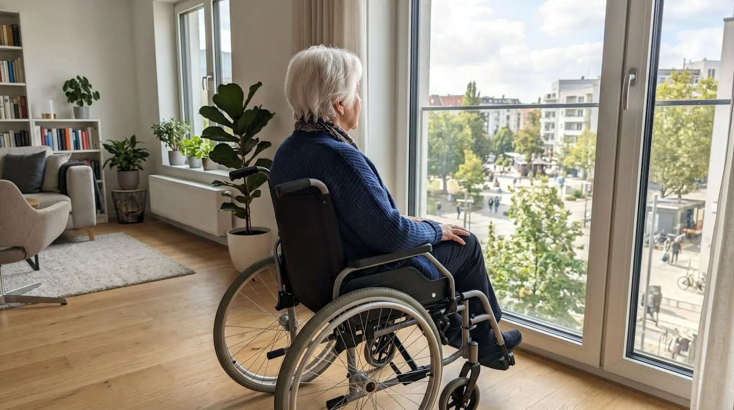 Personne âgée aux cheveux blancs en fauteuil roulant vue de dos regardant par une grande fenêtre lumineuse dans un intérieur moderne