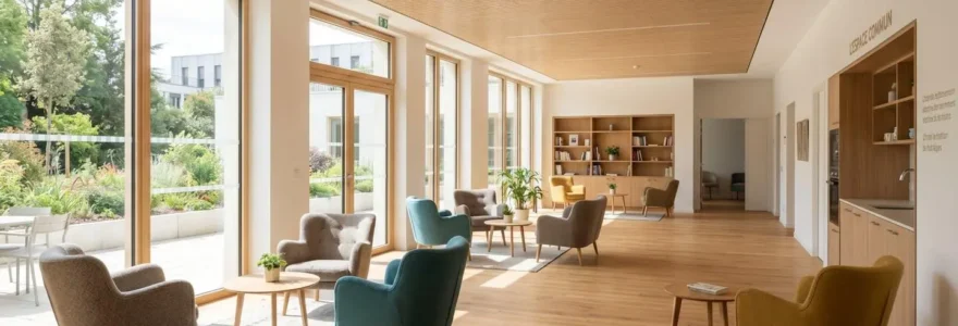 Grande salle commune d'EHPAD contemporaine baignée de lumière naturelle par de larges baies vitrées avec fauteuils confortables