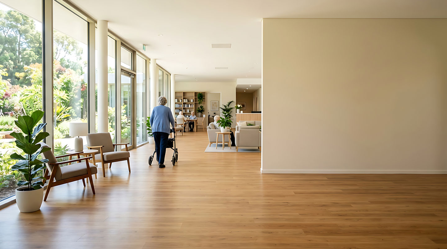 Façade moderne d'une résidence pour seniors à Montpellier avec petit espace vert, sous lumière méditerranéenne