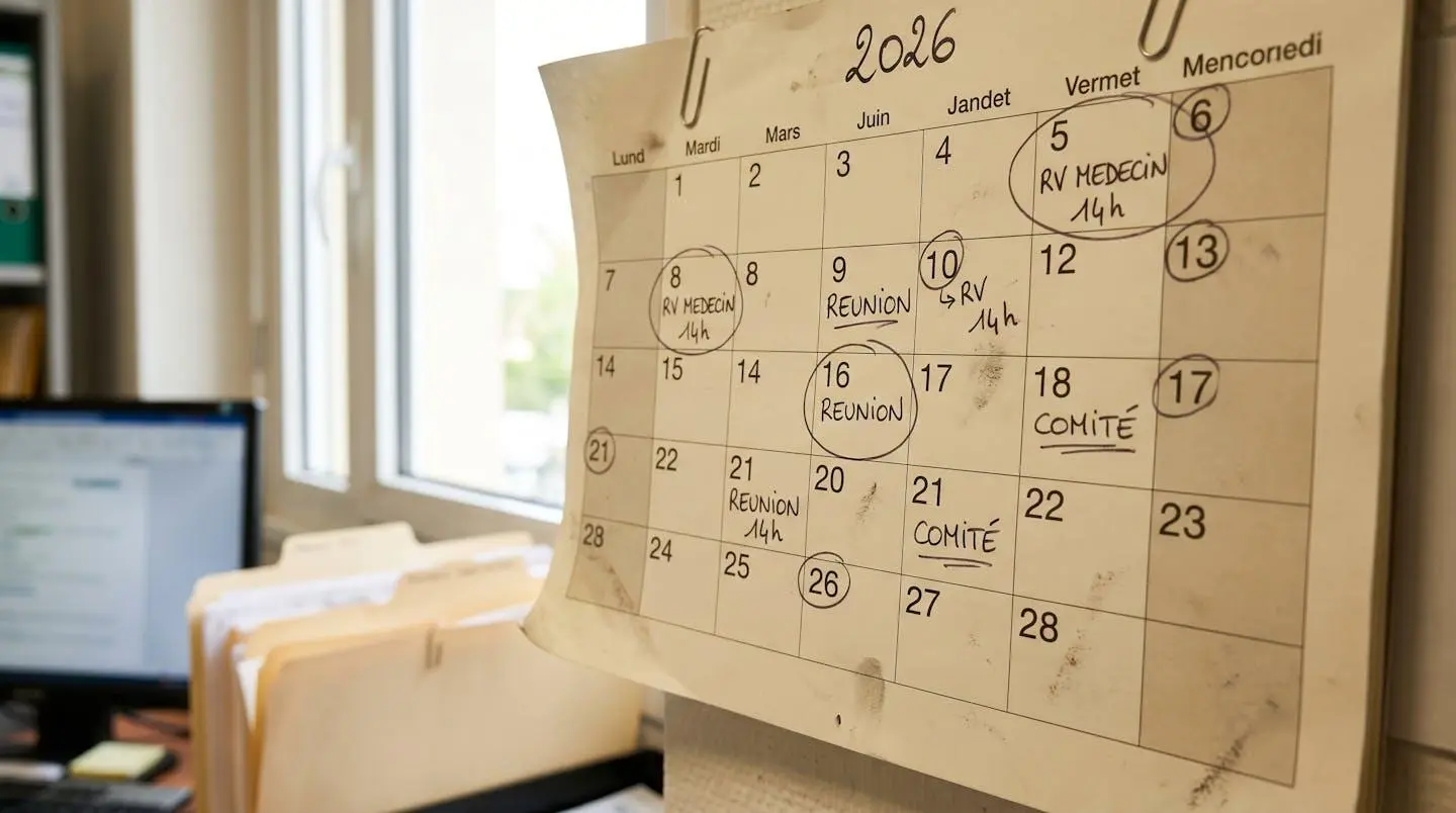 Calendrier mural avec dates annotées et entourées à la main, posé dans un bureau administratif éclairé naturellement