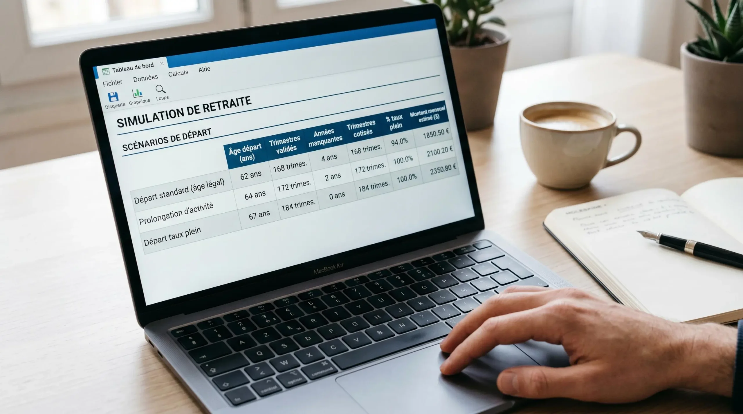 Écran d'ordinateur affichant un tableau de simulation retraite comparant différents âges de départ et montants de pension mensuels estimés