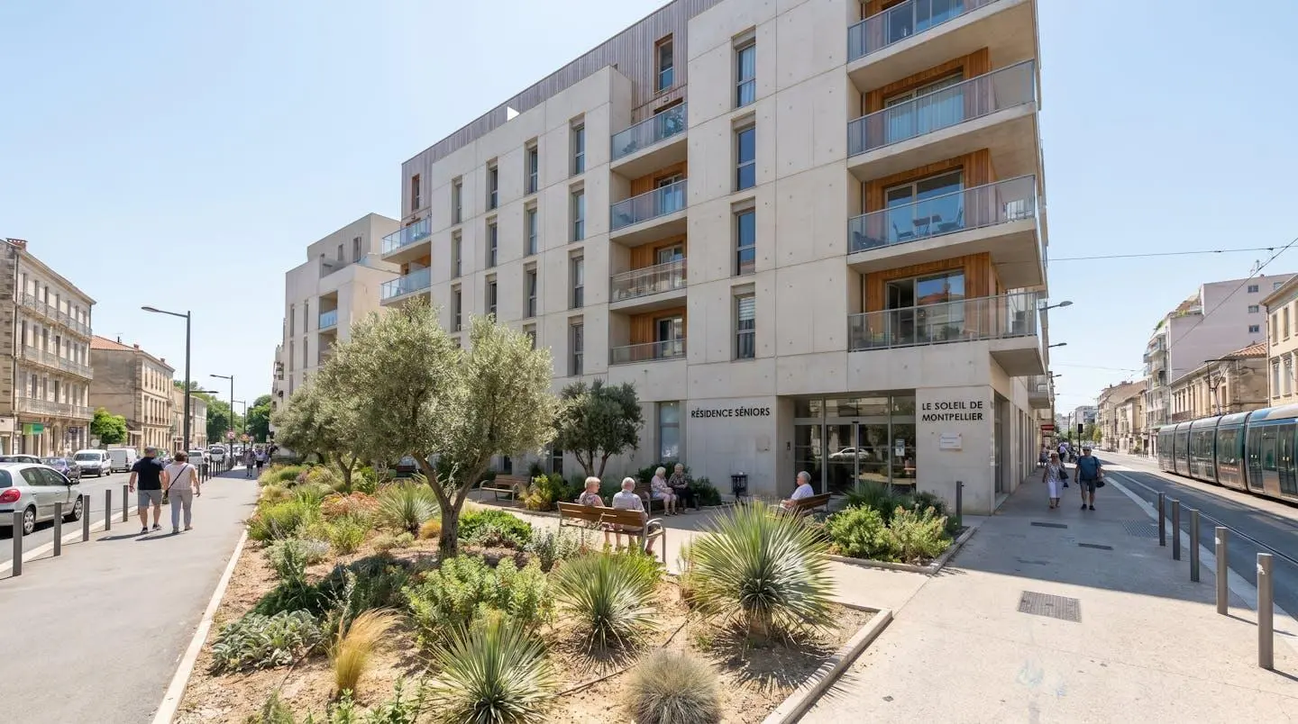 Façade moderne d'une résidence pour seniors à Montpellier avec petit espace vert, sous lumière méditerranéenne