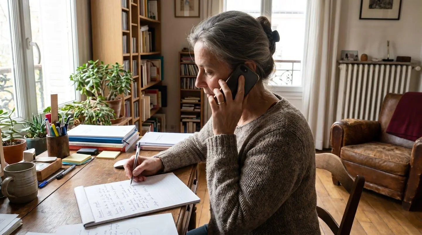 Femme de dos au téléphone à son bureau à domicile, prenant des notes manuscrites dans un carnet ouvert