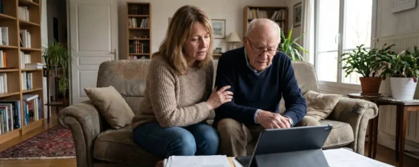 Fille et parent âgé assis côte à côte sur un canapé, consultant ensemble des documents dans un salon lumineux