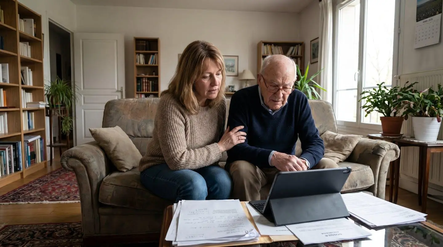 Fille et parent âgé assis côte à côte sur un canapé, consultant ensemble des documents dans un salon lumineux