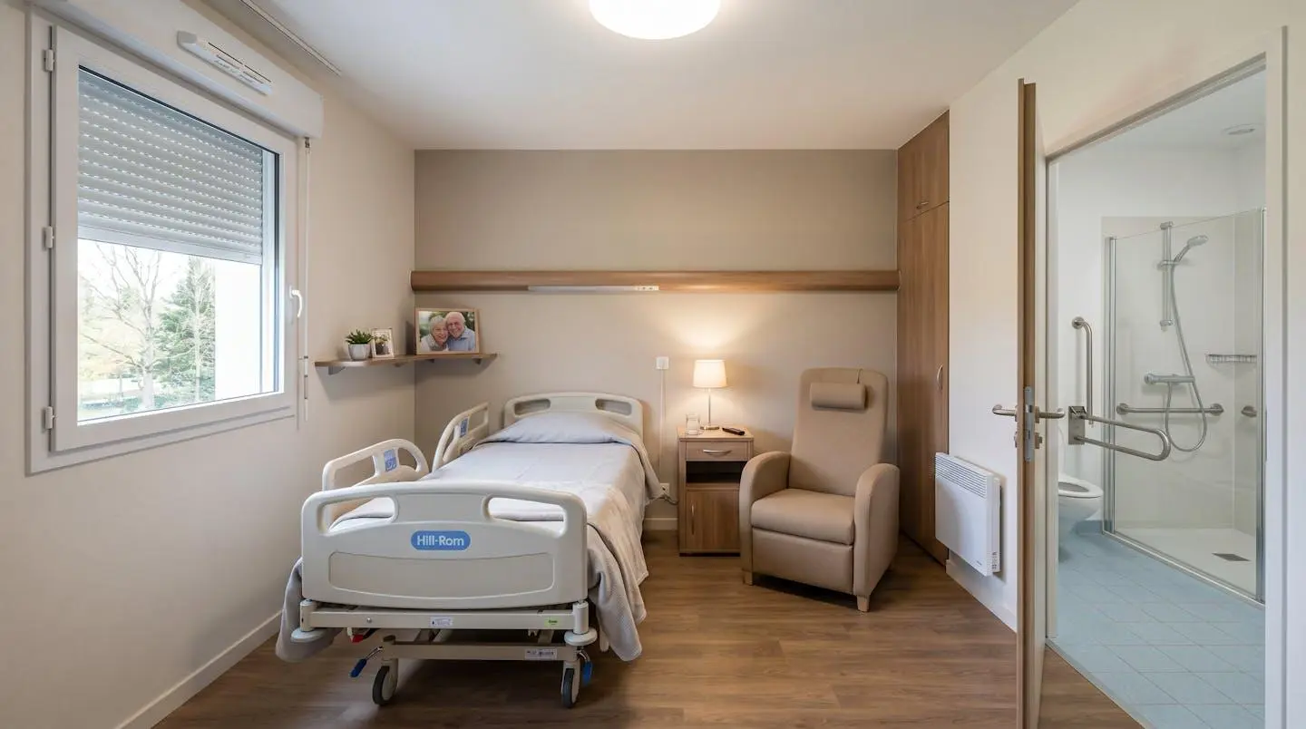 Chambre individuelle d'EHPAD contemporain équipée d'un lit médicalisé avec rails, barres d'appui murales et salle d'eau adaptée visible en arrière-plan