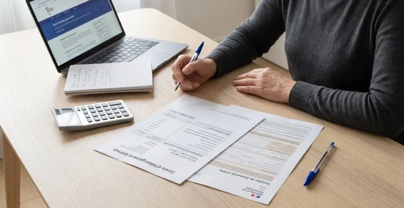 Personne consultant des documents administratifs EHPAD sur table de travail avec devis, formulaire APA, calculatrice et ordinateur portable affichant portail officiel pour-les-personnes-agees.gouv.fr