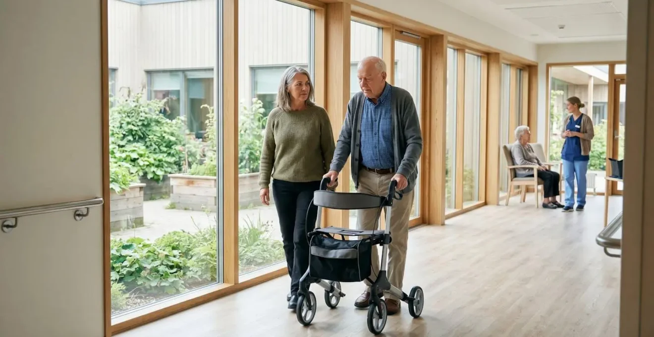 Famille visitant un couloir lumineux d'EHPAD moderne avec baies vitrées donnant sur jardin thérapeutique, rampes d'accessibilité PMR visibles et personnel soignant en interaction naturelle avec résidents