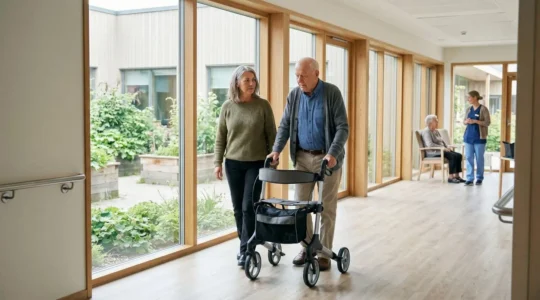 Famille visitant un couloir lumineux d'EHPAD moderne avec baies vitrées donnant sur jardin thérapeutique, rampes d'accessibilité PMR visibles et personnel soignant en interaction naturelle avec résidents