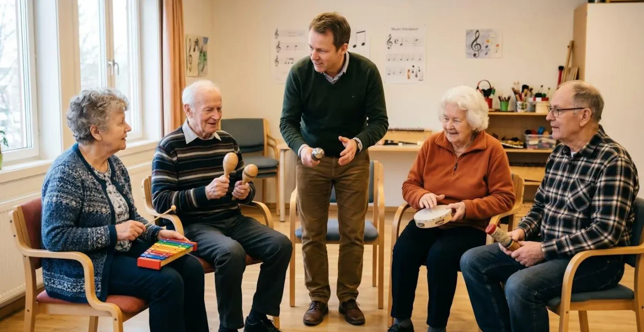 Groupe de résidents âgés participant à une séance de musicothérapie collective avec instruments simples, animée par un musicothérapeute dans une salle d'activité lumineuse