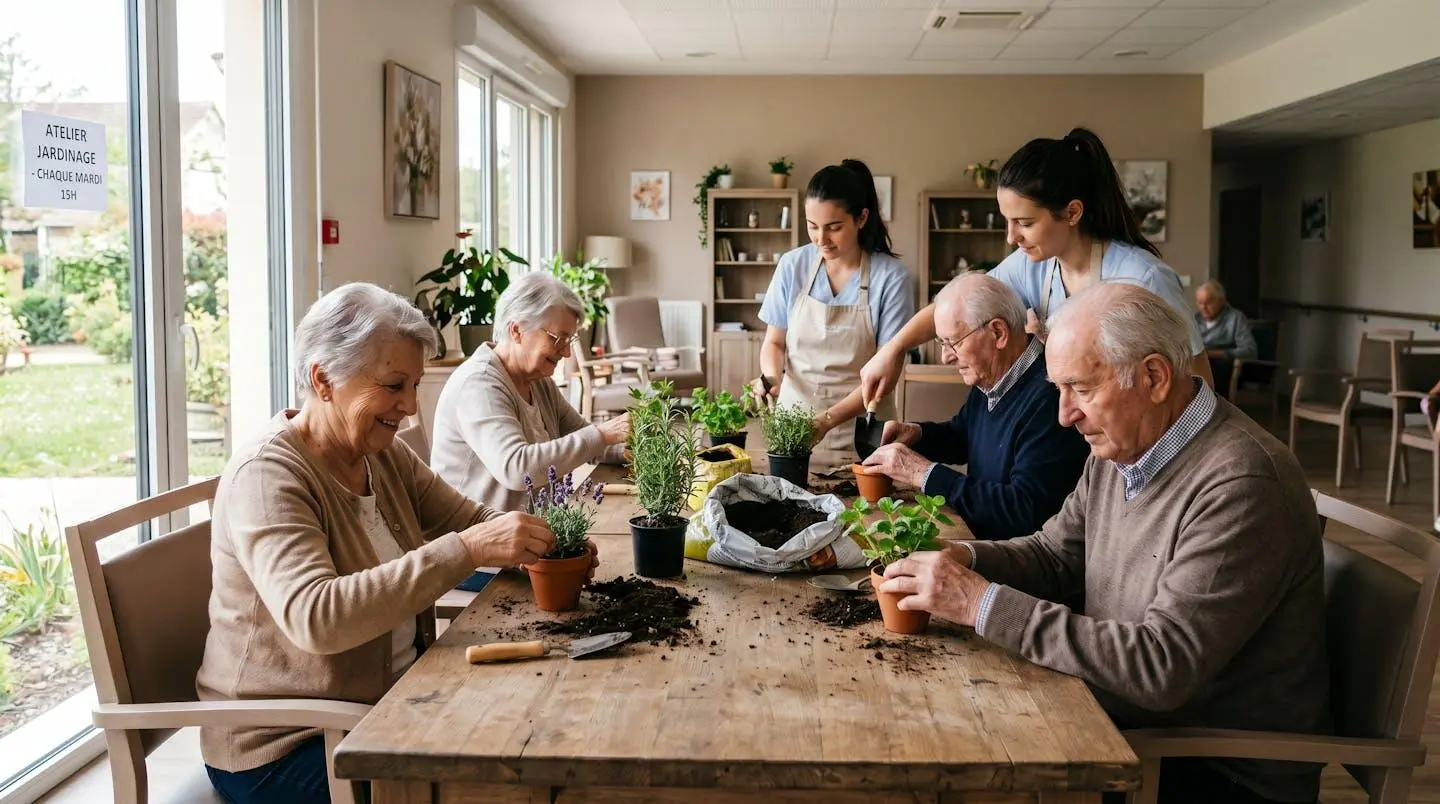 Groupe de résidents seniors participant à un atelier de jardinage thérapeutique autour d'une table en EHPAD, manipulant plants aromatiques et pots en terre dans une salle commune lumineuse et contemporaine