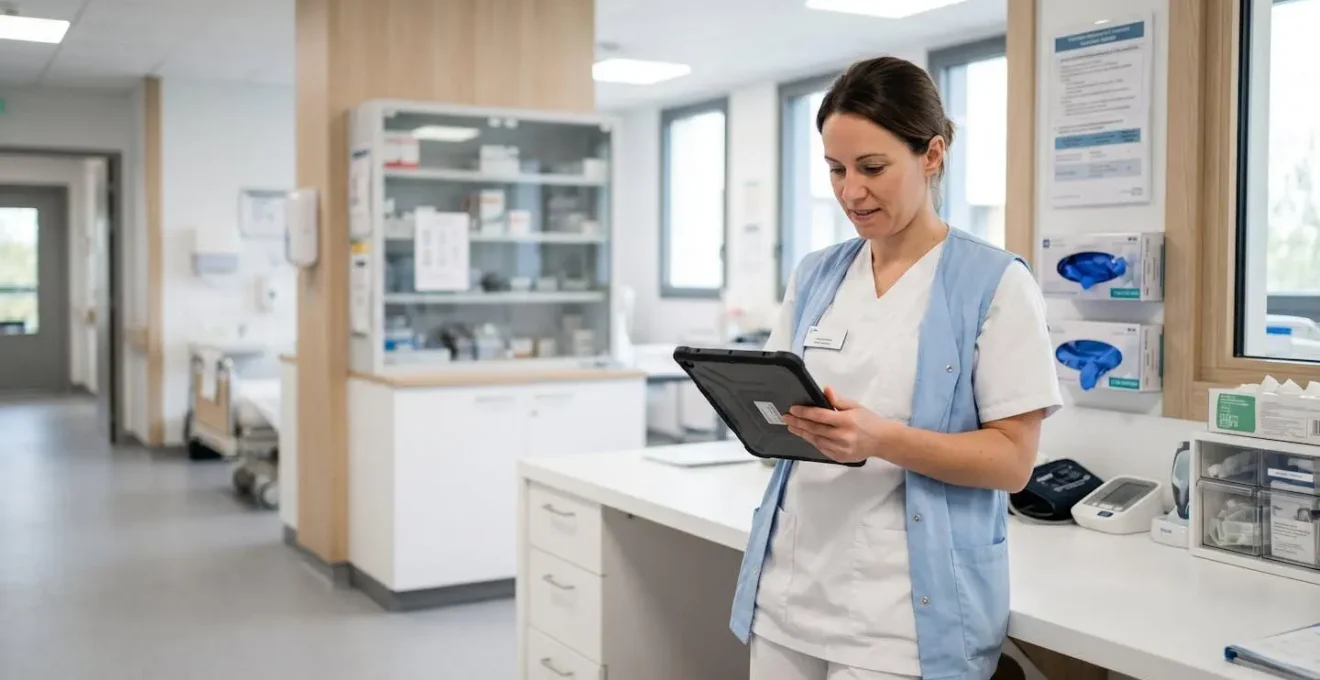 Infirmière en EHPAD consultant un dossier médical électronique sur tablette dans un poste de soins moderne équipé de matériel médical digital