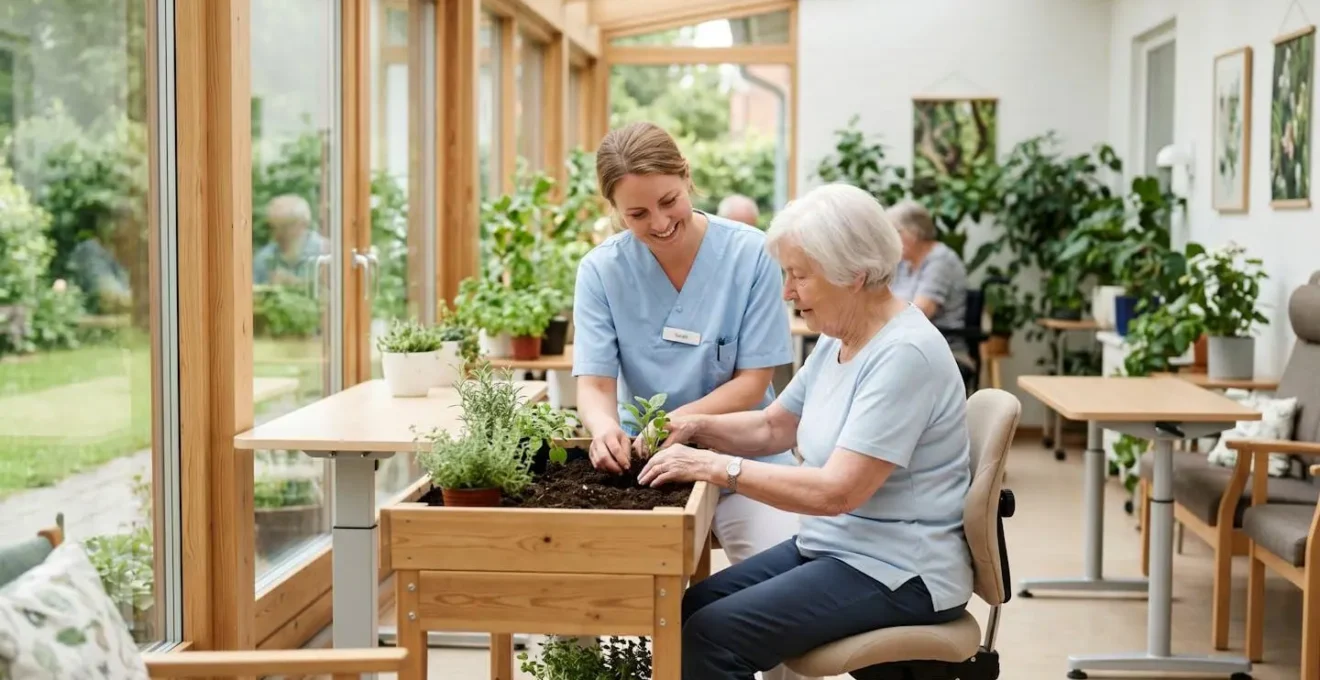 Personnel soignant assistant une résidente âgée lors d'un atelier de jardinage thérapeutique dans une véranda lumineuse d'EHPAD avec plantes et mobilier adapté