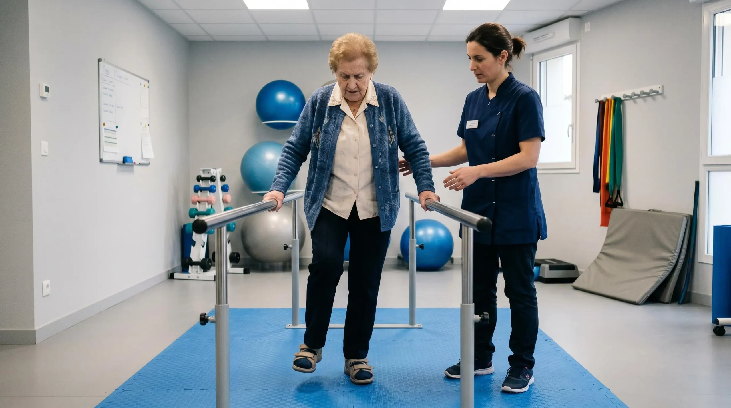 Résidente senior effectuant un exercice d'équilibre aux barres parallèles, accompagnée par une kinésithérapeute dans une salle de rééducation d'EHPAD