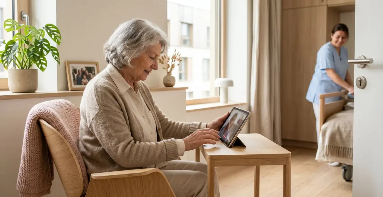 Résidente senior utilisant une tablette tactile adaptée dans sa chambre EHPAD lumineuse, accompagnée discrètement par une aide-soignante en arrière-plan
