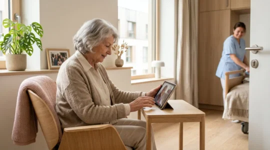 Résidente senior utilisant une tablette tactile adaptée dans sa chambre EHPAD lumineuse, accompagnée discrètement par une aide-soignante en arrière-plan