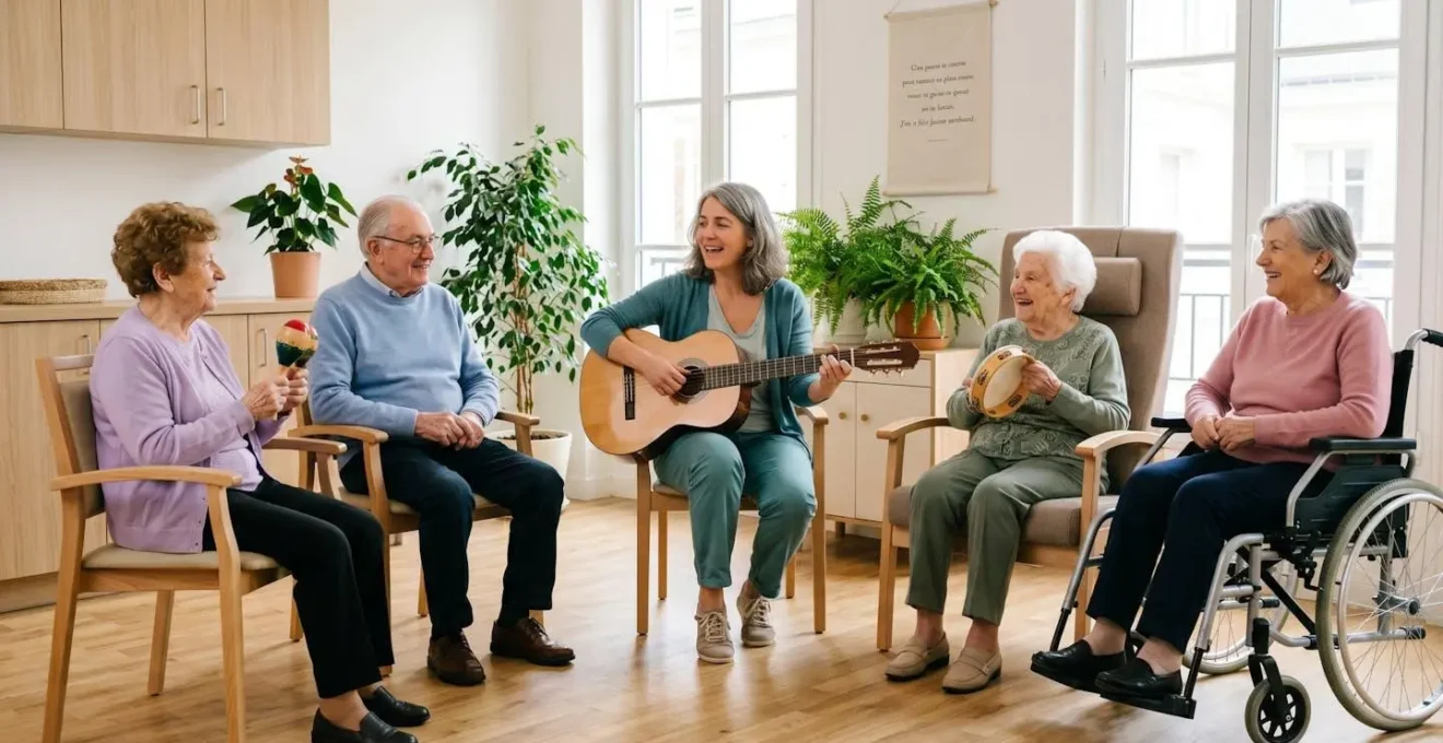 Séance de musicothérapie active en EHPAD avec quatre résidents seniors et une musicothérapeute jouant de la guitare, résidents manipulant instruments de percussion dans salle lumineuse