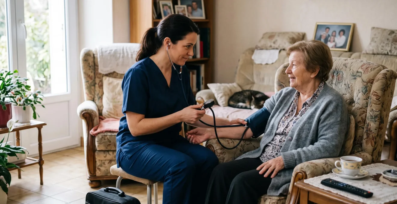 Une infirmière prend la tension artérielle d'une patiente senior lors d'une visite à domicile dans une atmosphère rassurante.