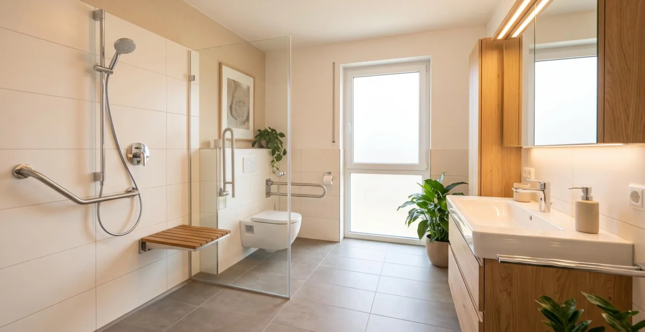 Salle de bain moderne et adaptée avec douche de plain-pied, barres d'appui chromées et équipements de sécurité intégrés harmonieusement.