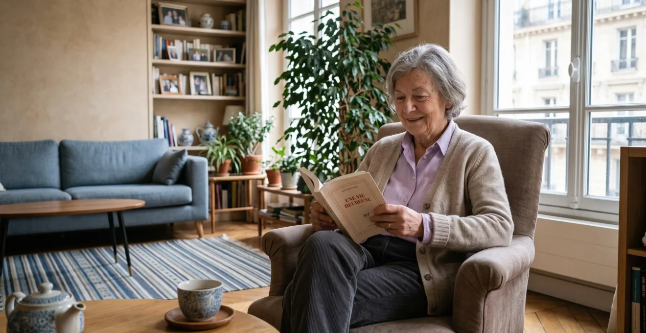Une femme senior souriante lit confortablement dans son salon lumineux et chaleureux, entourée de ses affaires personnelles.