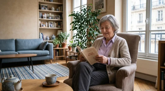 Une femme senior souriante lit confortablement dans son salon lumineux et chaleureux, entourée de ses affaires personnelles.