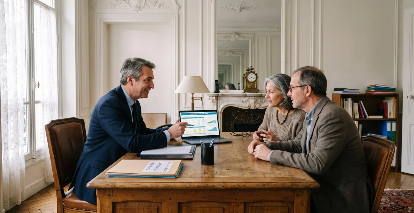 Un conseiller explique une projection d'épargne retraite sur ordinateur à un couple.