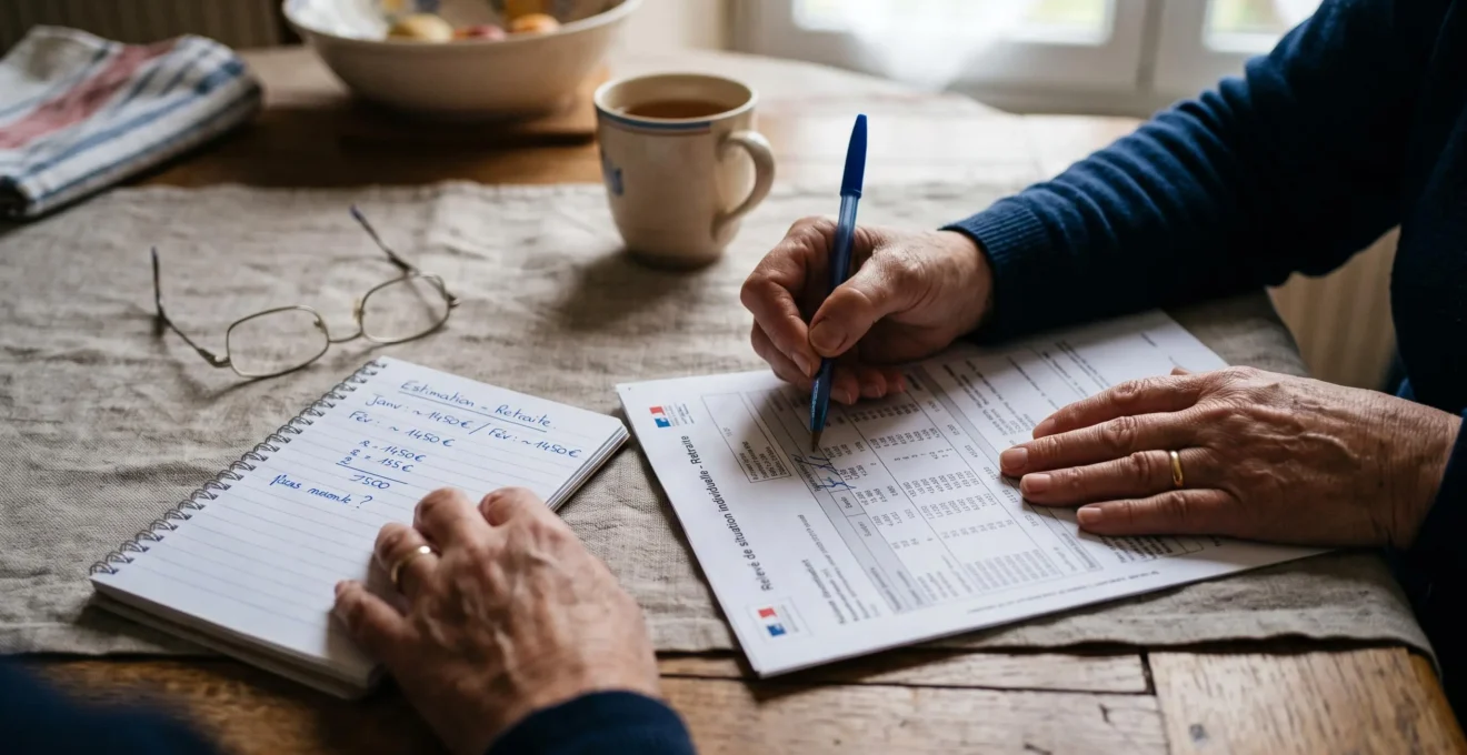 Une femme vérifie un relevé de pension et une estimation manuscrite sur sa table de cuisine.